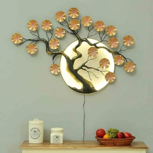 Image of Bharat Art Metal Tree Wall Art with LED Light for Living Room - Handcrafted Iron Tree Wall Hanging Home Decoration for Bedroom, Hall, Office & Entrance (SunMoon) (WD069) (30.5X2X46 Inches)