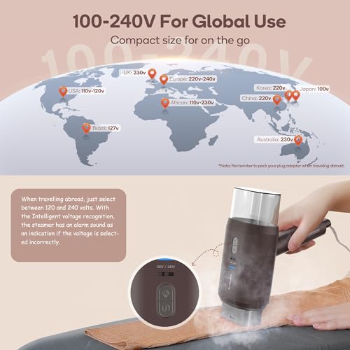 Newbealer Dual Voltage Handheld Travel Steamer - 120V/220V, 1200W, 20s Heat-up, 180ml (Brown)