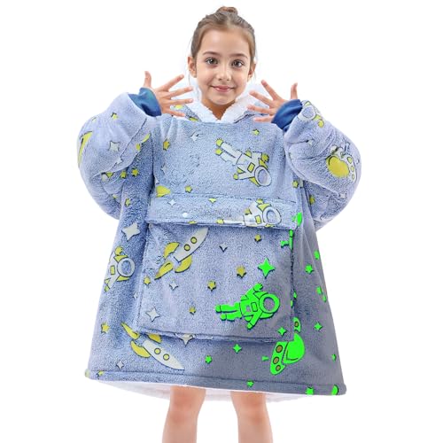 yescool Wearable Blanket Hoodie Kids Glow in the Dark, Oversized Blanket Sweatshirt with Sherpa Teen Girl Gifts for Kids,Boys, Girls, 8-15 Year Old Girl Gift Warm Wearable Blanket, One Size, Astronaut