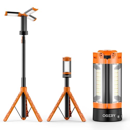 OGERY Rechargeable 10000mAh Camping Light with Stand 6.5 ft Max Height, Cordless Work Light with 3 LED Lamp Heads, 2200 Lumens Camping Essentials Gear Emergency Flashlight with Detachable Tr