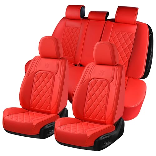 Image of Coverado Car Seat Covers Full Set, 5 Seat Universal Seat Cover for Cars, Luxury Faux Leather Waterproof Seat Cover, Front and Back Car Seat Protector, Auto Seat Covers Fit for Most Vehicles, Red