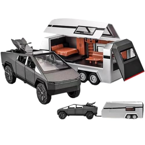 Image of DREAMY DEN Tesla Cybertruck with Pickup Trailer | 1:32 Scale Luxury Alloy Die-Cast Model Car with Lights & Music | Pull Back Action Toy Car with Trailer