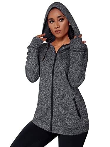 Maintain Vigour Ladies Fleece Jackets Full Zip, Lightweight Full Zip Up Track Workout Yoga Athletic Hooded with Thumbholes(Zipper-Fleece Grey,Large)