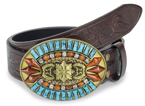 Western Turquoise Cowboy Belts for Women Men Oval-Buckle Embossed Cowgirl Belt Fit 28