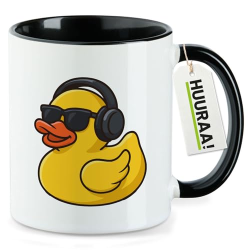 Huuraa Kaffeetasse Quietscheente DJ Gummiente Club-DJ Geschenk 330ml Schwarz Quietscheente DJ Präsent
