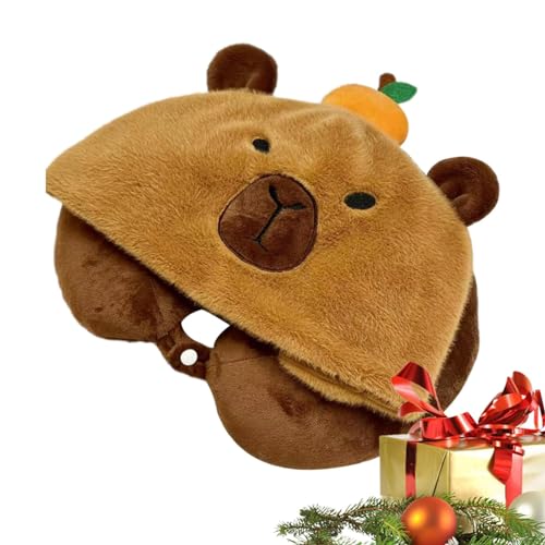 U字型枕 | 快適な Capybara フード付きトラベル ネックピロー | カピバラのフード付きU字型枕ぬいぐるみ、昼寝フード付きネックピロー、暖かく快適なU字型枕、家庭やオフィスに最適 睡眠用品ネックピロー女性男性子供オフィス用飛行機、車、バス、電車