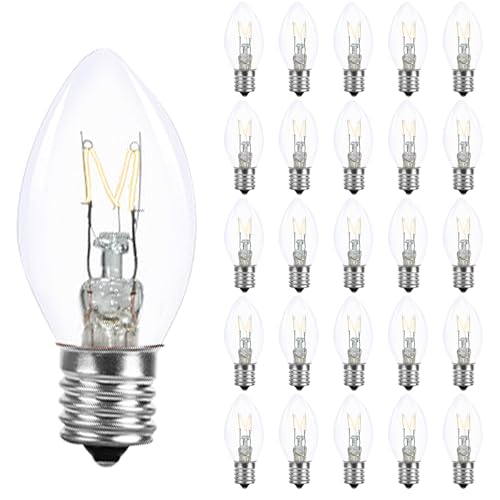 25 Pack C7 Christmas Light Bulbs Nightlight Bulb Vintage Clear Replacement Bulbs for Christmas Village Houses Xmas Tree Night Lights Window Candle & String Light Bulbs Replacement E12 Base 5W