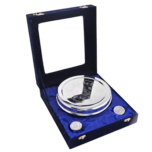 Image of Jaipur Ace Premium Silver Plated Pooja Thali Set in Velvet Box |Decorative Diwali Gift Set with Ritual Compartments, Glass Lid Display & Gold Clasps for Sacred Celebrations