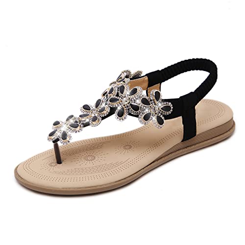 Image of iCKER Women Rhinestone Sandals T-Strap Buckle Bohemian Pearl Crystal Flat Sandals