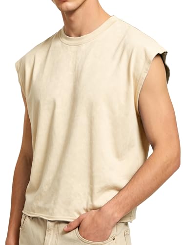 PLEPAN Men's Cropped Muscle Cotton Sleeveless Tank Tops Summer Breathable T Shirts Cap Sleeve Tee Beige Large