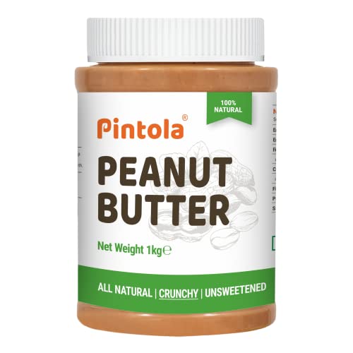 Pintola All Natural Peanut Butter (Crunchy) | Unsweetened | 30g Protein | Non GMO | Gluten Free | Vegan | Cholesterol Free (1kg)