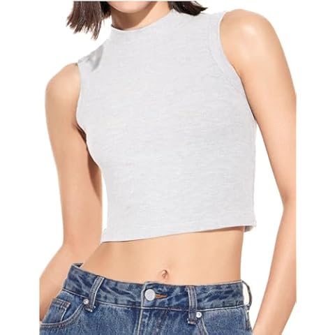 Women's Ribbed Crop Tops, Sleeveless Mock Neck Tank Tops for Summer Clothes Light Gray Cover