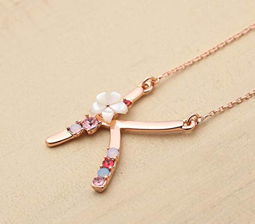 Flower Initial Letter Necklace Pink Red Blue Simulated Pearl Pendant Name Jewelry Made with Austrian Crystals Rose Gold Plated Anniversary Birthday Gifts for Women,18"+2"3