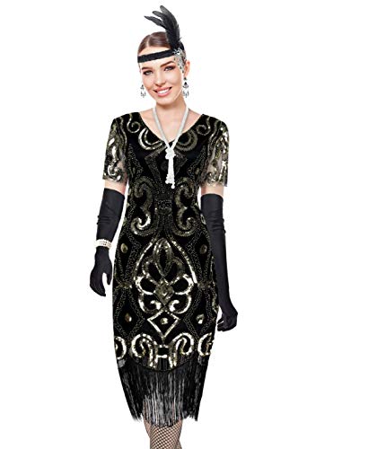 Image of Women 1920s Gatsby Vintage Sequin Flapper Fringe Party Plus Dress with 20s Accessories Set
