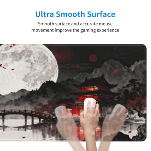 Image of Watercolor Japanese Mouse Pad 31.5x11.8 XL Black Red Lake Pavilion Tree Anime Design Extended Large Mousepad Keyboard Mouse Mat Desk Pad with Non-Slip Rubber Base Stitched Edges for Home Office Game