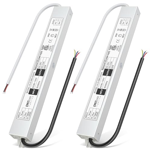 EMITEVER 24Volt LED Driver 60W 2-Pack, ETL Listed Waterproof IP67 Power Supply Low Voltage Transformer 120V AC to 24V DC Converter for LED Strip, Cabinet Tape Lights,LED Display and Outdoor Lighting