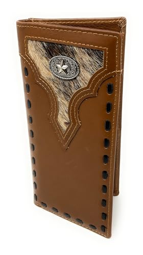Western Genuine Leather Cowhide Cow fur Star Men's Long Bifold Wallet in 2 colors (Brown)