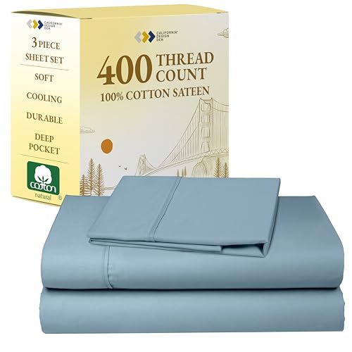 California Design Den Soft Twin Sheets Set - 400 Thread Count Sateen, Natural 100% Cotton Sheets, Deep Pockets, Cooling and Durable Bedding Set for Dorm Rooms & Adults - Sky Blue