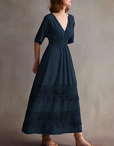 Image of Olaesa Boho Maxi Dress V Neck Short Sleeve Lace Smocked Waist Flowy Dress | Wedding Guest Dress with Pockets, Summer Bohemian Vacation Dress, Elegant Party Dress for Family photo& Baby Shower