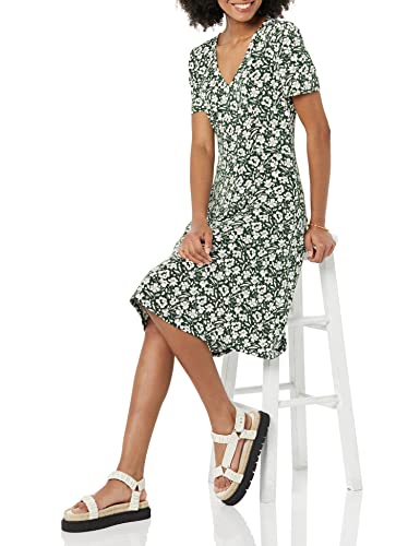 Image of Amazon Essentials Women's Short Sleeve V-Neck Gathered Flattering Fit and Flare Dress