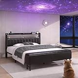 Full Size Bed Frame with Star Projector & Charging Station, PU Leather Upholstered Platform with 2-Tier Storage Headboard & Storage Ottoman, Metal Support, Noise-Free, No Box Spring Needed, Black