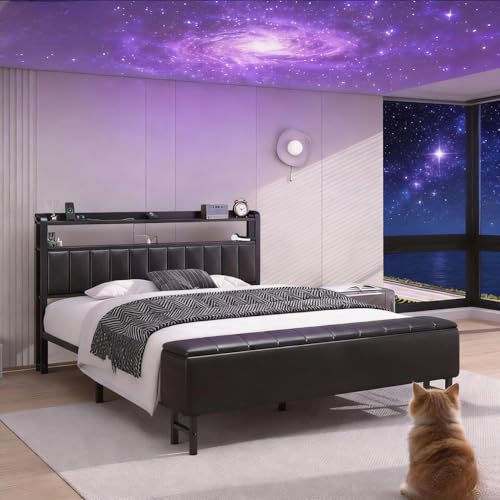 Full Size Platform Bed Frame with Storage Headboard, Star Projector, Black
