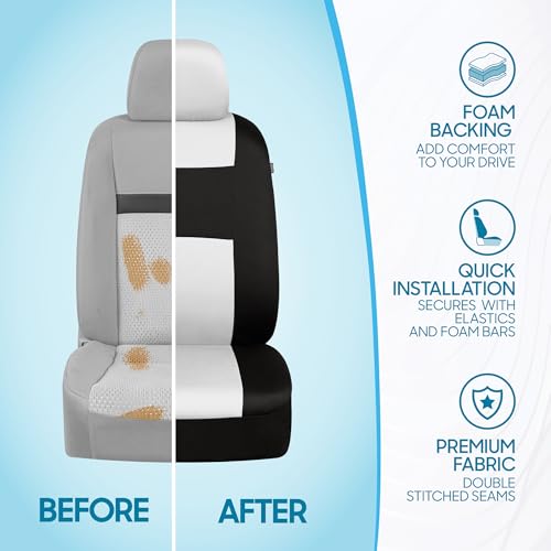 Image of BDK PolyPro Car Seat Covers Full Set in White on Black, Front and Rear Split Bench Seat Covers for Cars, Car Seats Cover Set and Accessories for Auto Trucks Van SUV - White