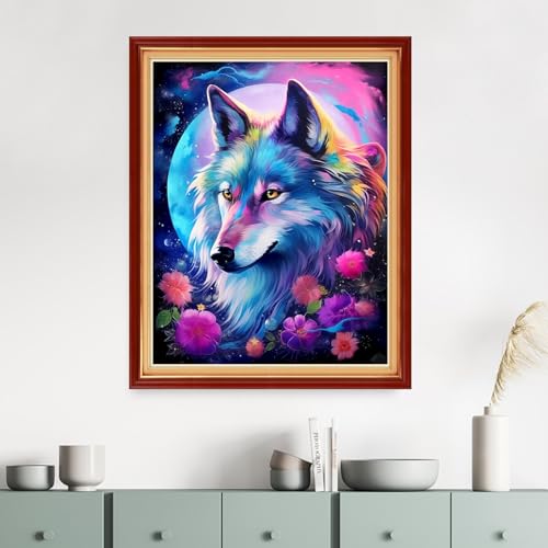 Image of Dimensean Stamped Cross Stitch Kits Full Range of Embroidery Patterns Starter Kits for Beginners Adult DIY Cross Stitches Needlepoint Kits 11CT-Moon Wolf 16x20 inch