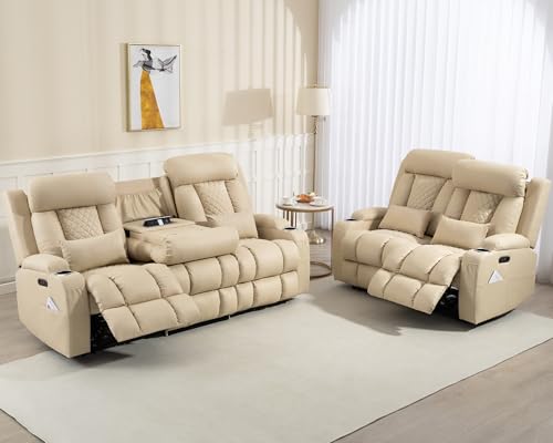 Image of Zero Wall Hugger Power Reclining Sofa Set with Adjustable Headrest, Electric Reclining Couch with Drop-Down Table, Reclining Sofa and Loveseat Set for Living Room (Beige, Sofa+Loveseat)