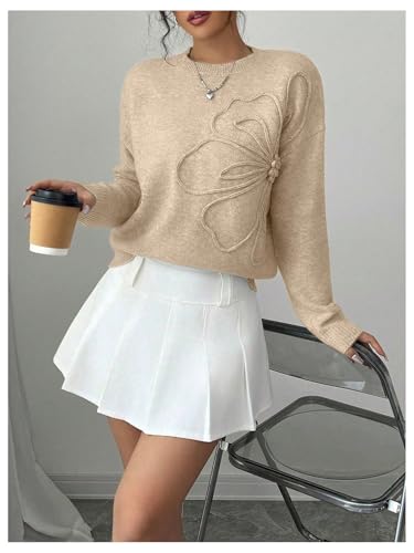 Image of RoseSeek Women's 3D Floral Appliques Crewneck Sweaters Long Sleeve Drop Shoulder Pullovers Elegant Knit Tops