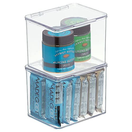 mDesign Plastic Kitchen Pantry and Fridge Storage Organizer Box Containers w/Hinged Lid for Shelves or Cabinets, Holds Food, Snacks, Seasoning, Condiments, Utensils, Lumiere Collection, 2 Pack, Clear