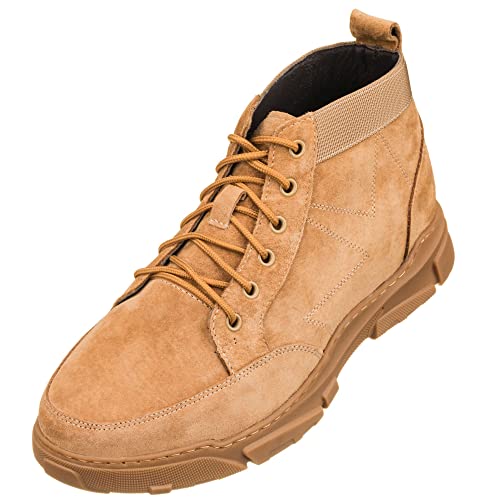 CALTO Men's Invisible Height Increasing Elevator Shoes - Nubuck Desert Tan Lace-up Work Boots - 2.9 Inches Taller - K50131- Size 6 D(M) US