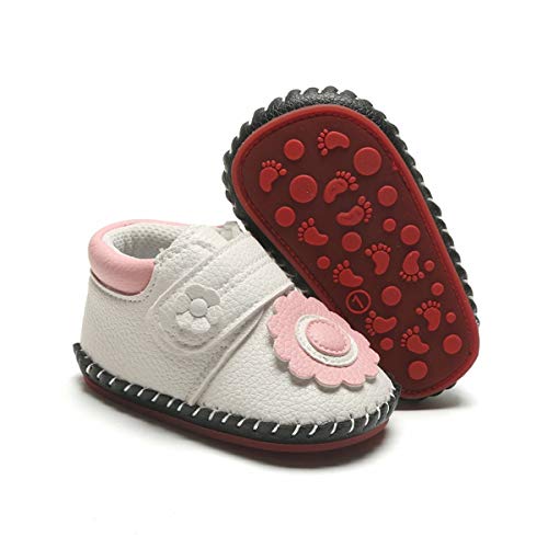 ENERCAKE Baby Girls Boys Shoes Pu Leather Non Slip Hard Bottom Walking Sneakers Infant Toddler First Walkers Cartoon Slippers Crib Shoes(6-12 Months Infant, G-White Flower)