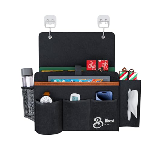 Blikesi- Bedside Caddy - Felt Dark Grey With 9 pockets – Wipes Holder - Bed Storage Organizer for Remote Control Holder, Gifts, Books, Phone, Tablet – Bed Pocket Organizer for Bed, Couch or Bunk