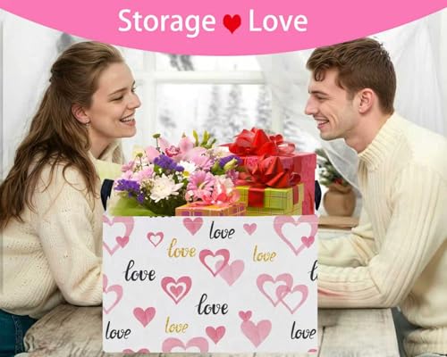 Image of Valentines Day Basket for Kids Heart Shaped Empty Storage Bins for Gifts with Handles Room Decor (Pink Double Love Golden LOVE)