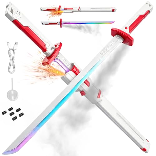 Lightsaber 8 Color Flowing Spark Sword 31.5 inch Cyberpunk Neon Sword with Hit Sensor Sound & Fog Toy Light Saber for 14+ (Cool Black/Red)