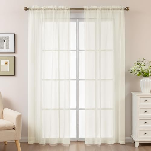 Image of Natural Sheer Curtains 84 Inches Long, Privacy Semi Sheer Curtains for Living Room Bedroom, Light Filtering Rod Pocket Voile Window Drapes 2 Panels Set, Each 42 inch W x 84 inch L