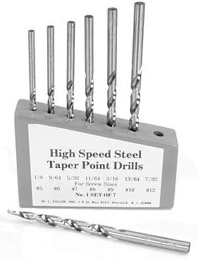 Set Of 7 High Speed Steel Taper Point Drills Wood Holder