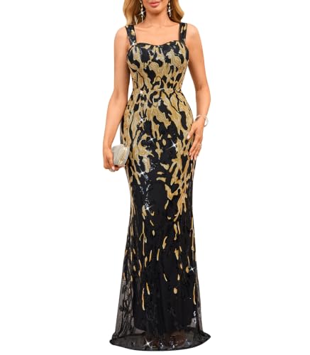 Image of dasmzper Women's Sequin Evening Gown - Elegant Sleeveless V Neck Mermaid Formal Maxi Dress for Wedding, Prom or Party