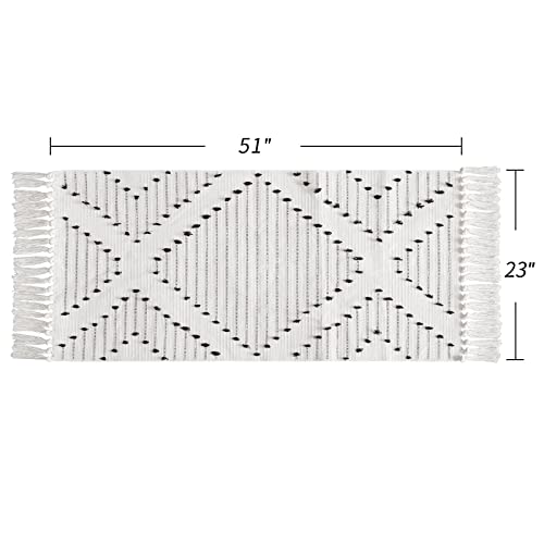Mitovilla White Boho Bathroom Rug 2'X4.3', White Runner Rug For Bedroom, Farmhouse Geometric Bath Mat With Tassel, Moroccan Tribal Kitchen Rugs, Washable Cotton Woven Living Room Throw Rugs #TOP1