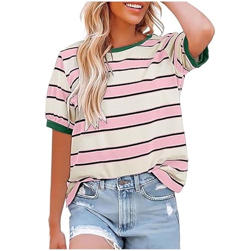 Womens Summer Tops 2025 Striped Color Block Short Sleeve T-Shirts Teen Girls Crewneck Casual Loose Basic Tee Blouses