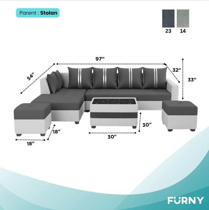 Image of FURNY Stylio 8 Seater Fabric LHS L Shape Sofa Set with 1 Centre Table & 2 Ottoman (Dark Grey-Light Grey) | Premium Velvet Finish | Durable Comfortable Ideal Sofa for Living Room