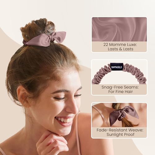 Image of THXSILK 100% Mulberry Silk Bow Scrunchies 3-Pack, 22 Momme Cute Bunny Ear Hair Ties for Women, No Damage Ponytail Holders for Fine Hair, Kawaii Hair Accessories for Girls(Pink, Purple, Ice Blue)