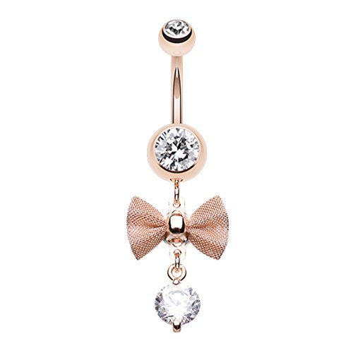 Elegant Mesh Bow-Tie Gem Dangle Wildklass Belly Button Ring Rose Gold 14G #TOP27