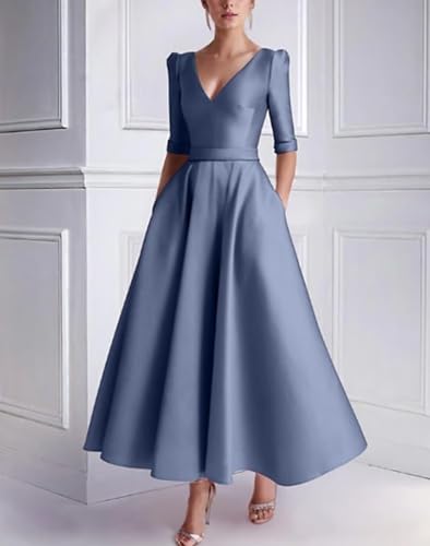 Women's Tea Length Mother of The Bride Dresses with Sleeves Satin V Neck Formal Evening Gown with Pockets4