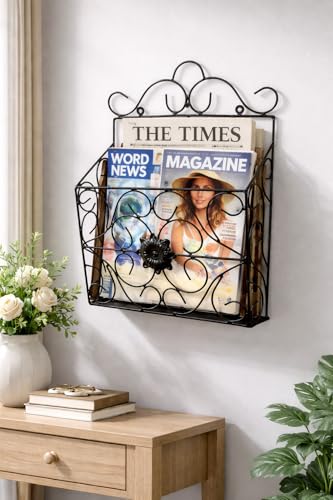 Image of Wall Mounted Hanging File & Magazine Holder - Metal Organizer for Newspapers, Documents & Office Storage | Decorative Rack for Home & Workspace 39x26x10 cm. (Black)