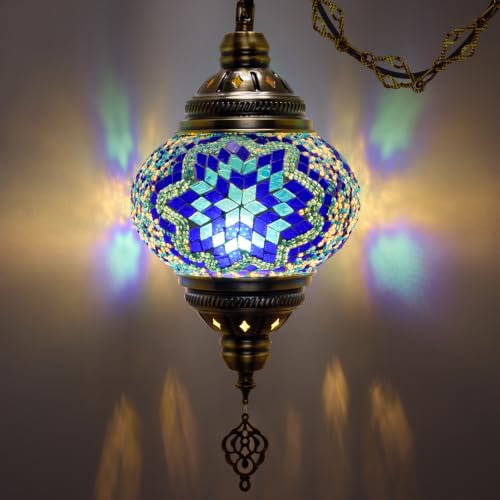 BOHMR Turkish Moroccan Mosaic Hanging Pendant Lamp Plug-in Large 7.2 Globe Swag Lamp Fixture with 15ft Cord Handmade Boho Stained Glass Hanging Ceiling Light for Living Room Bedroom Decor Blue