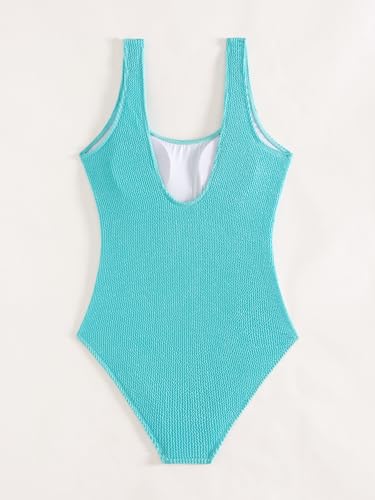Image of Limeeke Women One Piece Swimsuit Solid Ribbed Monokini Swimwear Scoop Neck Low Back Bathing Suit