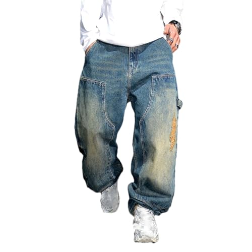 Men’S Vintage Hip Hop Ripped Loose Straight Leg Denim Cargo Pants Slim Fit Full Length Button Fly Distressed Streetwear