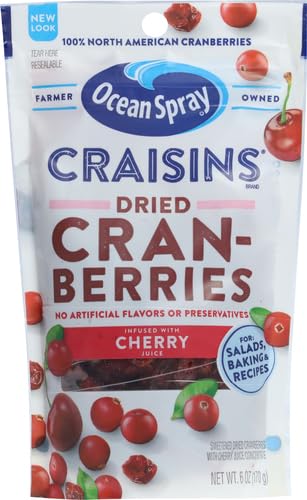 Image of Ocean Spray Craisins Sweetened Dried Cranberries, Cherry Flavored, 6oz Pouch (Pack of 2)